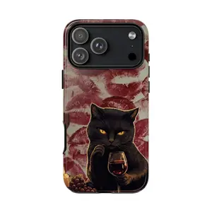 Black Cat Wine Aesthetic Phone Case, Vintage Kiss Print, Cute Cat Art Protective Cover, Gothic Black Cat Wine Phone Case, Aesthetic Kiss Pattern, Unique Art Cover