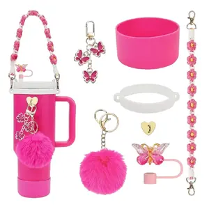 Tumbler Cup Accessories Set, 7 Counts/set Including Silicone Bow Straw Topper Cover & Protective Silicone Boot & Handle Strap & Strap Holder & Butterfly & Ball Charm & Heart Sticker, Drinkware for Indoor & Outdoor