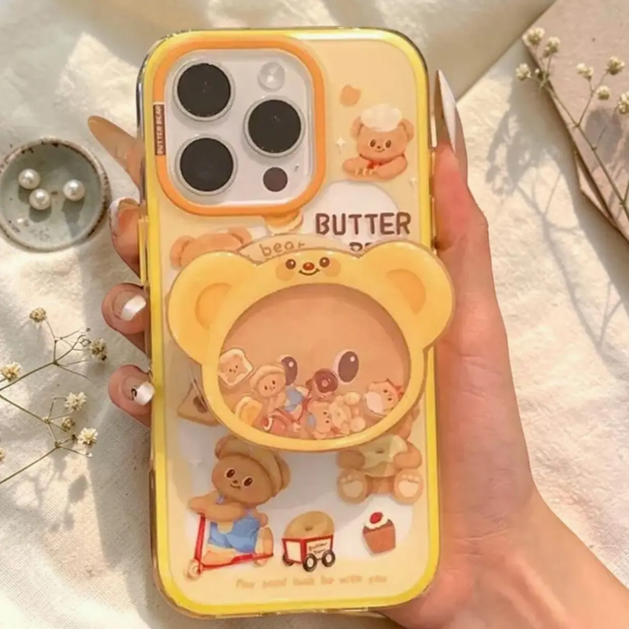 Cute Yellow Bear Phone Grip Shaker | Kawaii Bakery Bear Phone Holder Aesthetic Gift