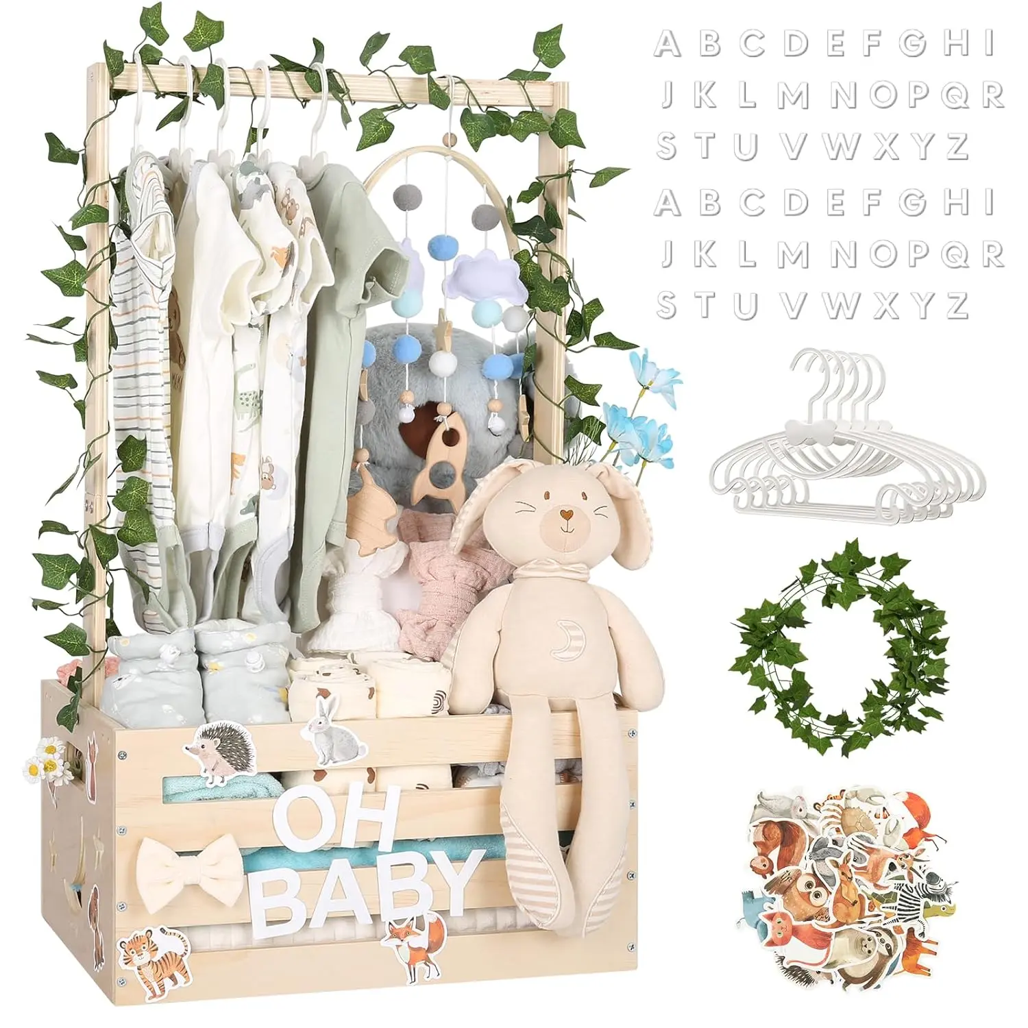Wooden Baby Shower Storage Crate with Handle - Big (16.8*11.8*7.8in), Smooth Finish, Vine-Decorated Cute Basket for Newborn Clothes, Decoration, Storage for Organizing, Baby Shower Gifts for New Parents,dorm essentials,home decor