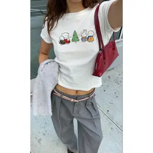 Holiday Miffy White Baby Tee Shirt - Cute Graphic Tee, Y2K Baby Tee, Coquette Aesthetic Top, Kawaii Bunny Shirt, Gift for Her, Christmas Tee