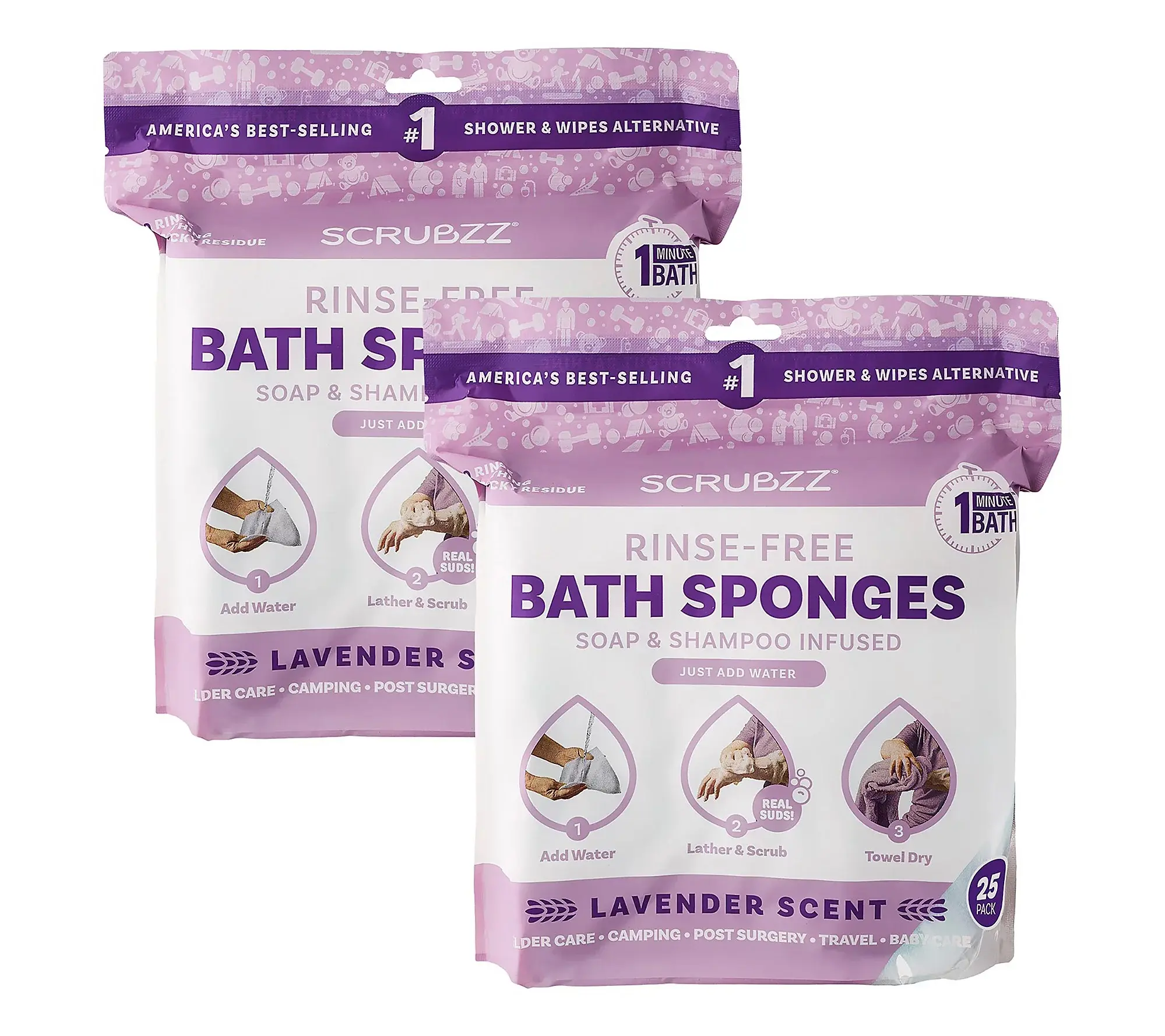 Scrubzz Lavender Rinse-Free Single-Use Bath Sponges, 50-Piece Disposable Bathing Accessory for Beauty & Personal Care