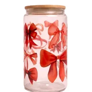 Live Claim 16oz Glass Can Jar with Red Bow Design for Storage and Organization