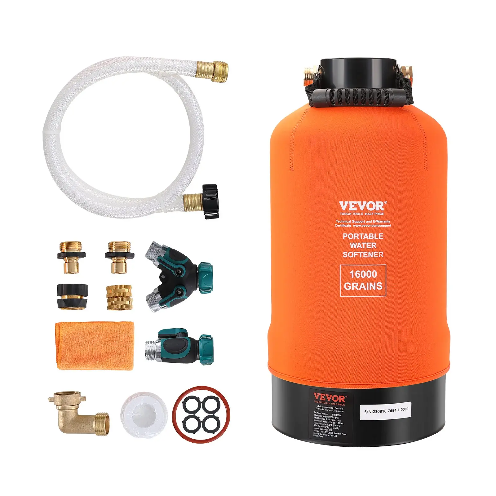 【Summerfinds】VEVOR 16000-Grain Portable RV Water Softener, Glass Fiber, 5-Year Durability, Food-Grade Resin, 3/4" Brass Fittings, 42" Hose, Quick Installation, Reusable, Heavy Metal Adsorption, Hardness Reduction for RVs, Camping, 9.6x9.6x19.3in, Everyday
