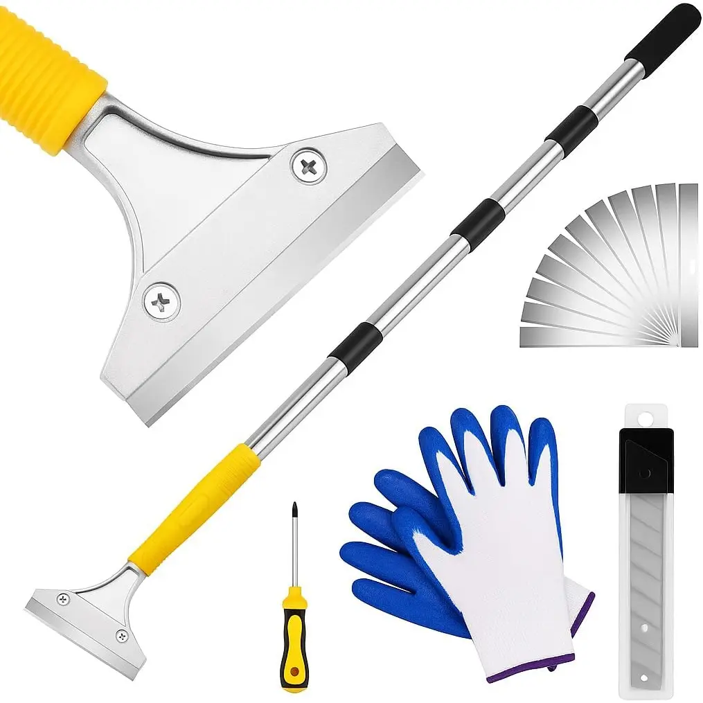 Scraper Tool 5.4ft (65in) Adjustable Floor Scraper Long Handle Heavy Duty Paint Scraper 4 Inch Razor Blade Scraper for Windows Glass Cleaning Shower Gum Tile Scraper Ceiling Scraper
