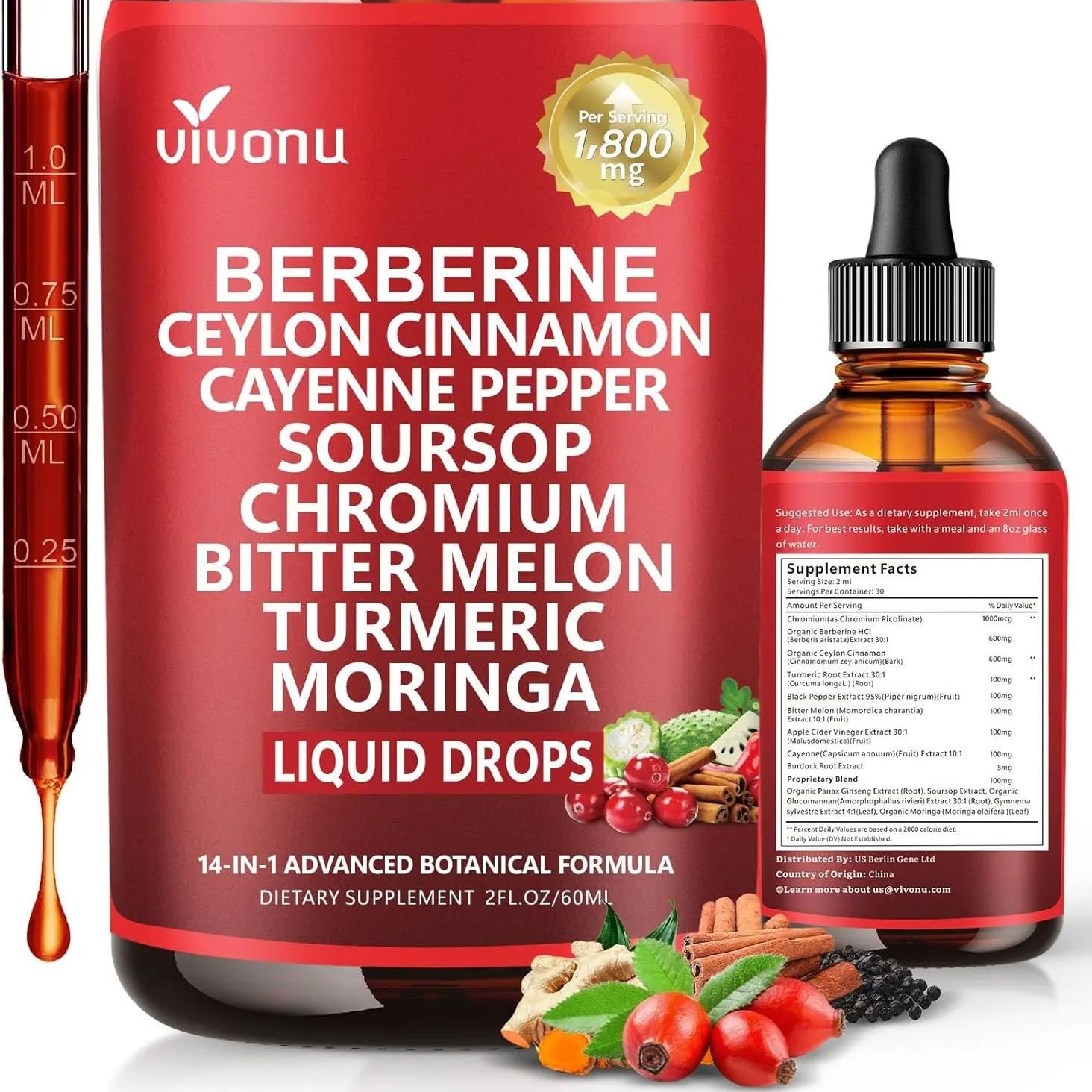 14-in-1 Berberine with Ceylon Cinnamon Supplement Liquid Drops