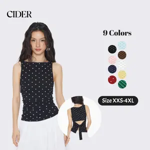 Cider Cotton-blend Boat Neck Knotted Polka Dot Ruched Tank Top