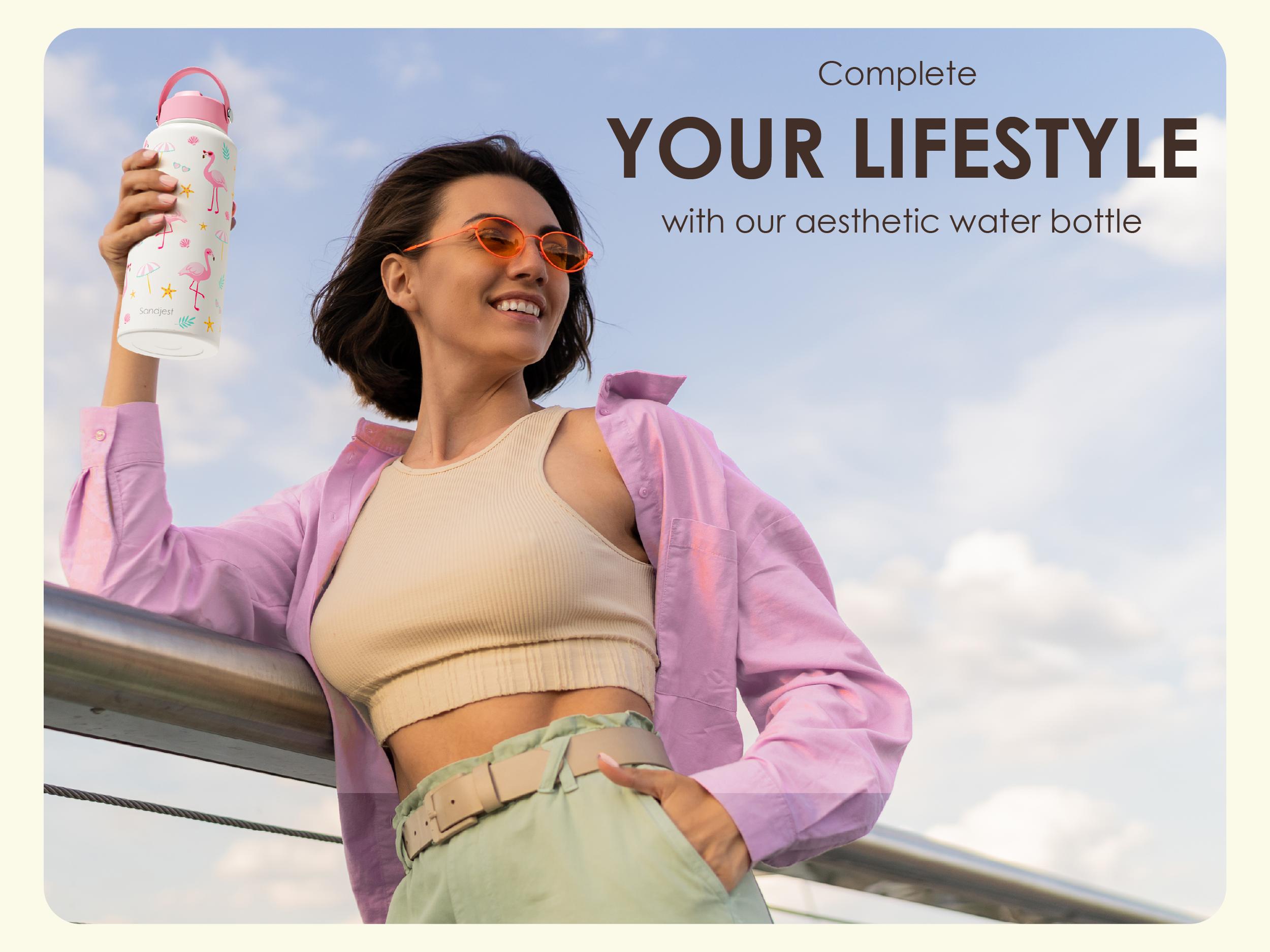 Sandjest 32oz Insulated Water Bottle with Flip Straw & Handle, Stainless Steel Leak Proof Travel Mug, Protective Silicone Base for Sports, Outdoor, Gym, School