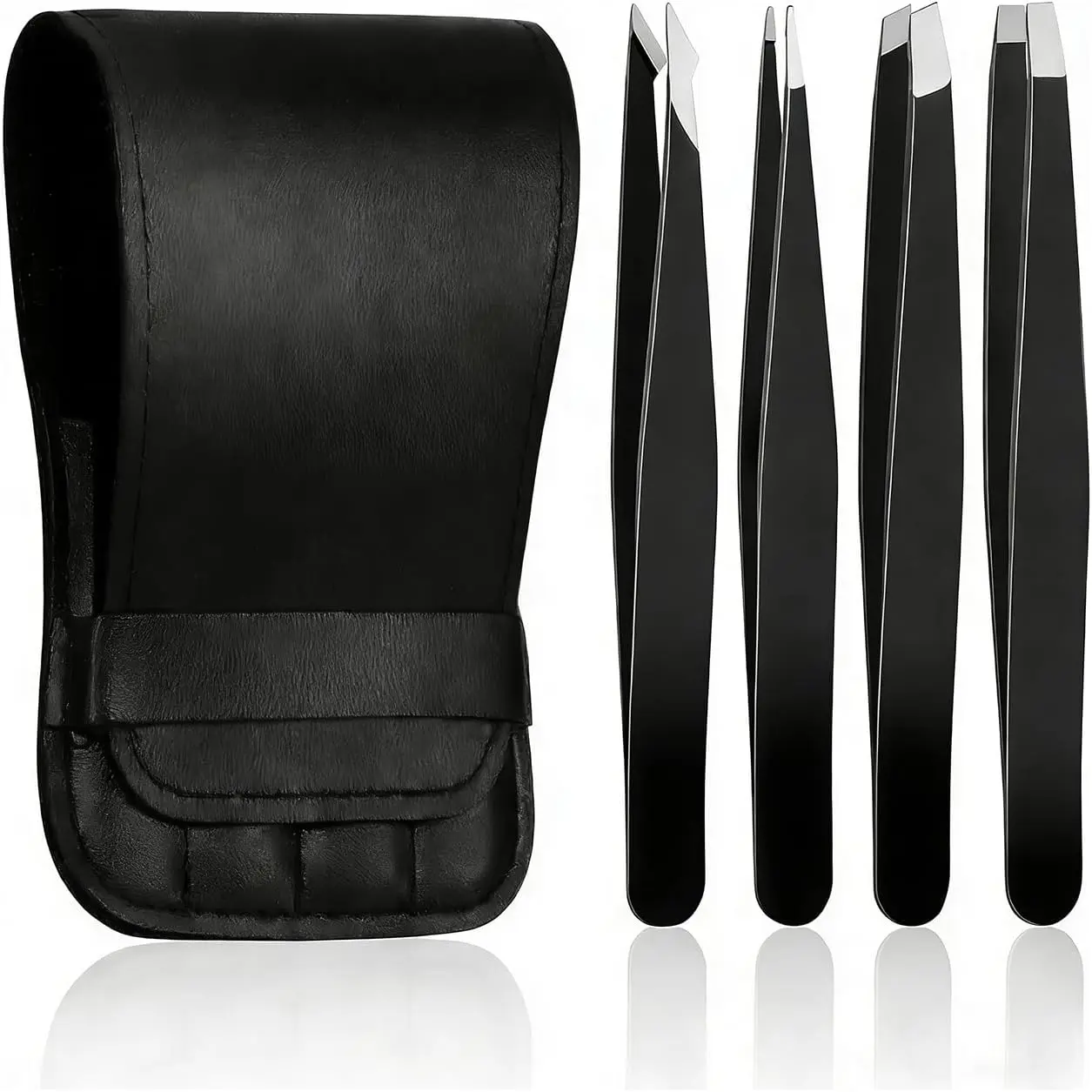 4PCS Salon-Grade Stainless Steel Tweezers Set - Precision Eyebrow, Facial & Ingrown Hair Removal Tools with Lightweight Compact Durable Leather Storage Travel Case