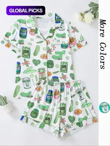 2-Piece Vegetable Print Women's Pajama Set, Button-Up Short Sleeve Top and Comfortable Shorts, Elegant Sleepwear and Loungewear for All Seasons Pjs