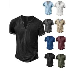 Men's Distressed Henley Shirt - Slim Fit Short Sleeve Button-Up Cotton T-Shirt with V-Neck & Placket Detailing, Machine Washable Casual Shirt in Olive Green, Black, Blue, Burgundy, Sporty Apparel | Athletic Style | Comfortable Tee
