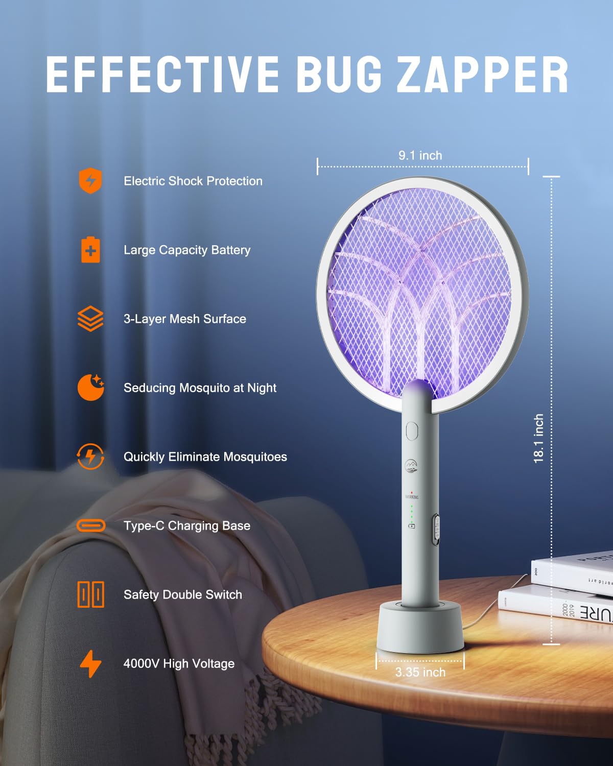 4000V Electric Fly Swatter Racket, 1800mAh Smart Bug Zapper with USB Rechargeable Base, Powerful Mosquitoes Trap Lamp & Fly Killer with 3-Layer Safety Mesh for Home, Bedroom, Kitchen, Patio