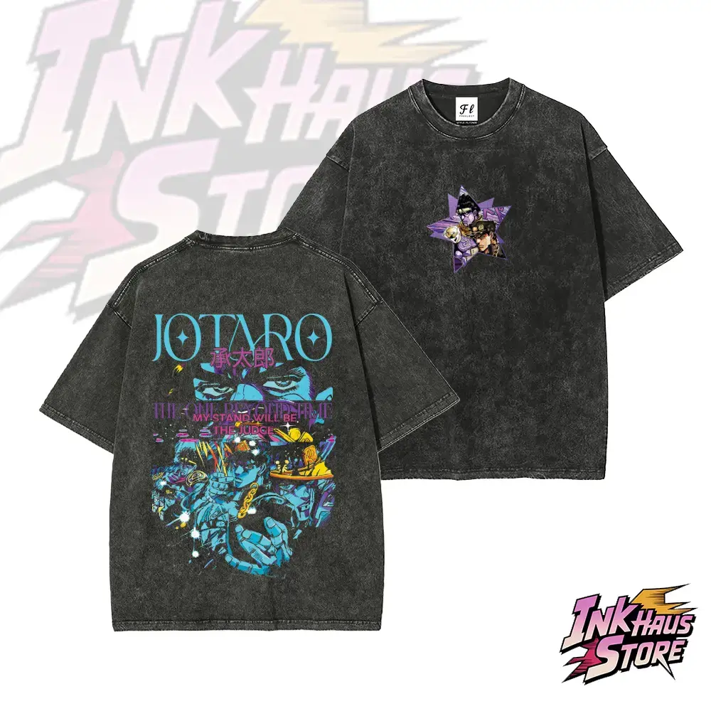Men's Round Neck Top, JoJo's Bizarre Adventure Part 3: Stardust Crusaders Jotaro Kujo & Star Platinum Vintage Short-Sleeve Cotton Unisex Lightweight Tshirt, Retro Wash, All Seasons, Shortsleeve, Fabric