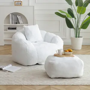 Giant Bean Bag Chair withFootstool, Oversized Bean Bag  for Adults and Kids, Faux Fur Shell-Shaped Large Chair with Filler, Stuffed Big Accent Sofa,  Floor Sofa for Gaming,Reading Living Room Bedroom