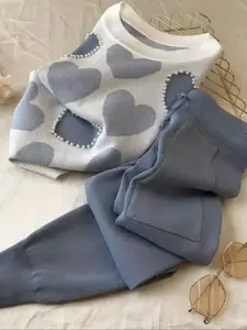 Autumn Winter Women's Fashion Set, Heart Pearl Round Neck Knitted Long Sleeve Top, Drawstring Knitted Jogger Pants, Fitted Clothes Womenswear