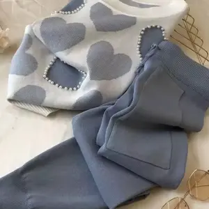 Autumn Winter Women's Fashion Set, Heart Pearl Round Neck Knitted Long Sleeve Top, Drawstring Knitted Jogger Pants