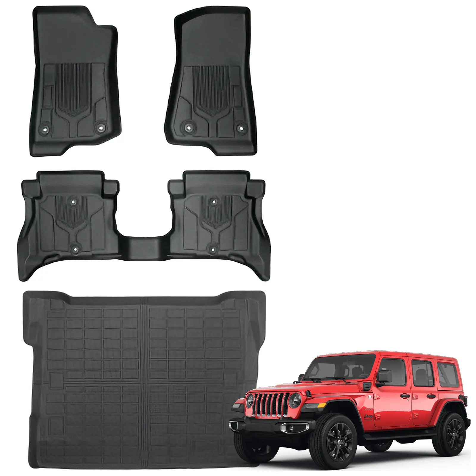 Canvcle Car Mat Set - Heavy-Duty TPE Car Liners, 3D-Scanned Precise Cut Snug Fit 2-Row 3D Cargo Coverage (31"l x 23"w x 4"th) with Raised Edge Guard, All-Weather Accessories for Jeep Wrangler 4XE 2021-2026 4 Door Floor Protection