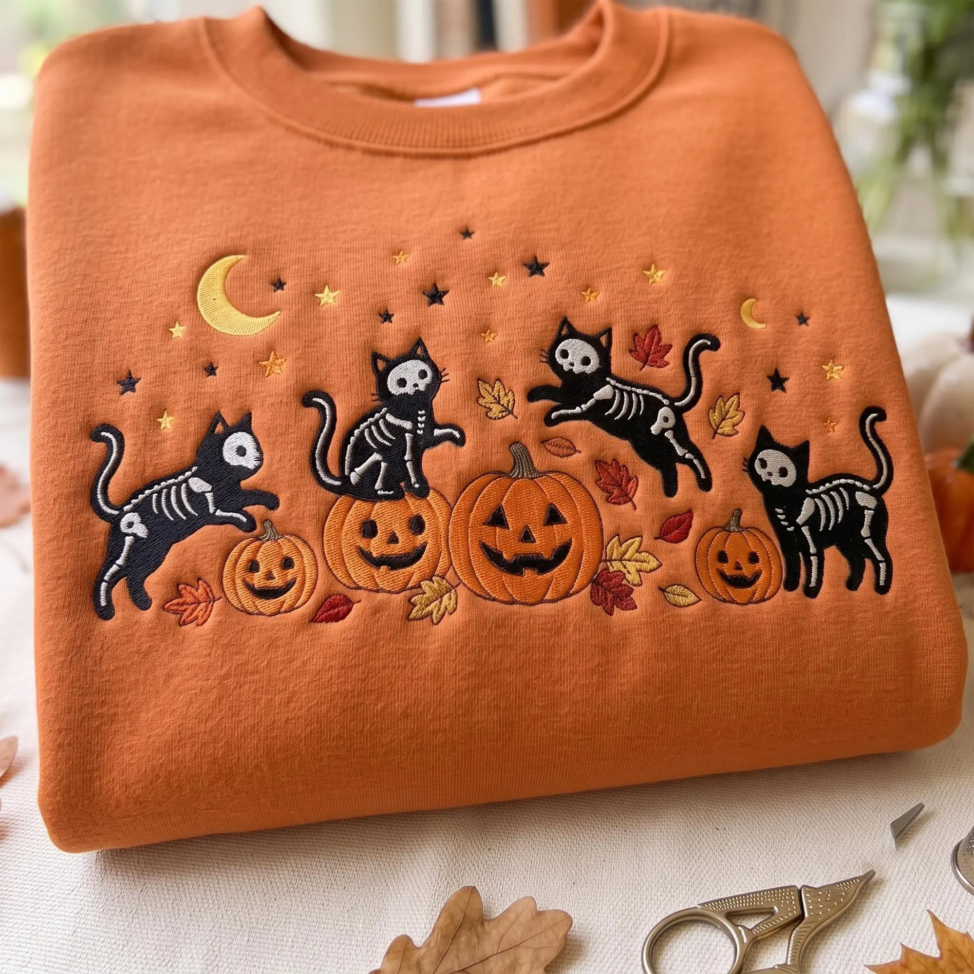[Made in US] Embroidered Halloween Black Skeleton Cat Sweatshirt T Shirt Hoodie, Creepy Fall Pumpkin Crewneck, Cozy Halloween Hoodie, Cute Autumn Tee, Cat Lover Gift