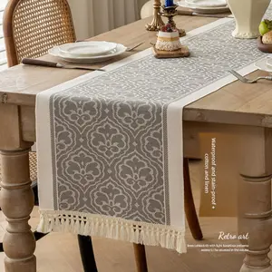 Nordic Style Waterproof Cotton Linen Table Runner, Jacquard Pattern with Tassel Trim, Dining Table Decor