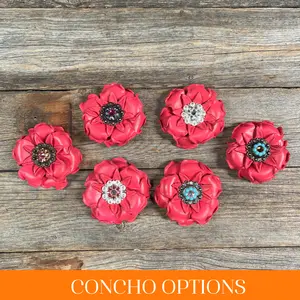 Bright Pink Gardenia Leather Flowers - 1" Crystal Conchos - Options
