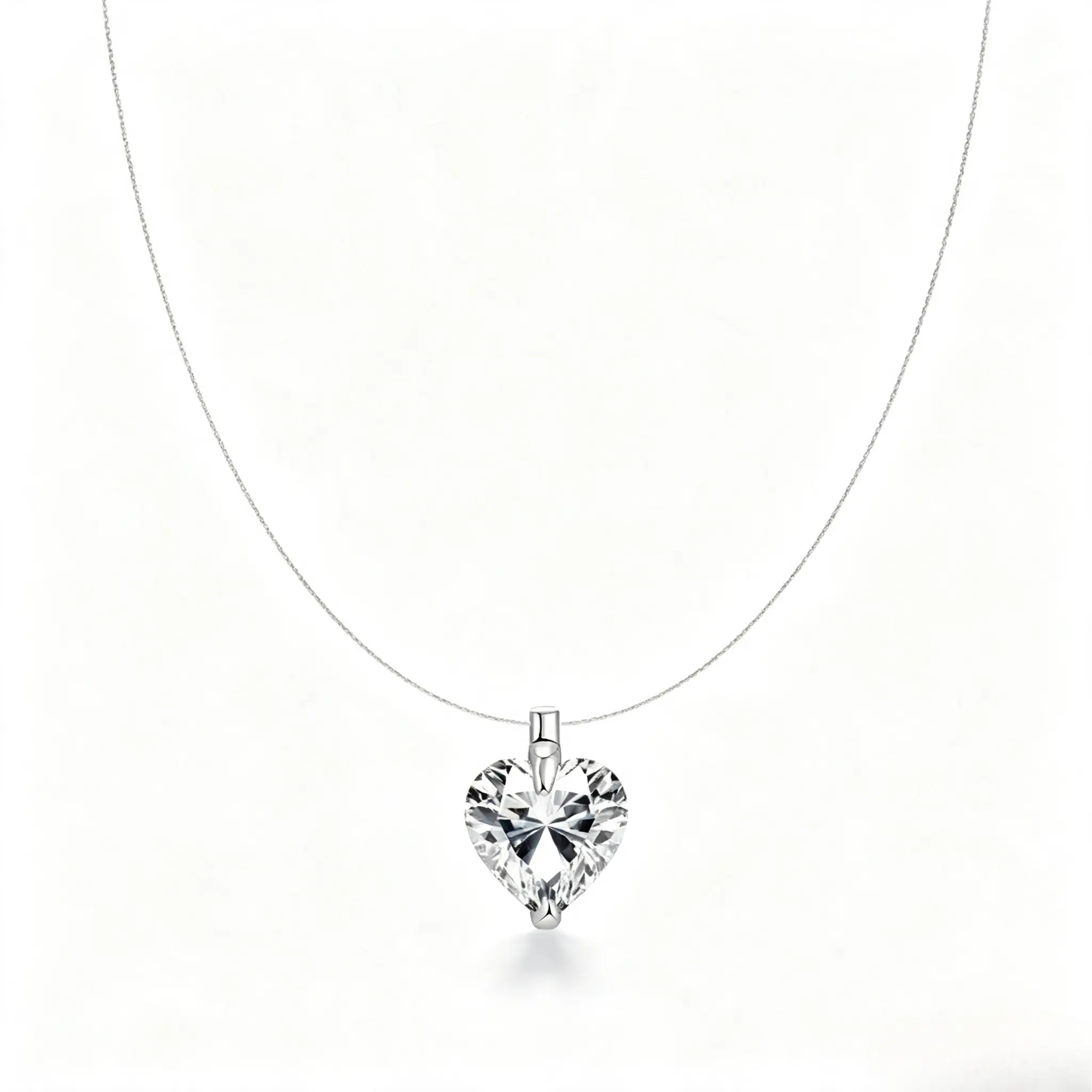 Women's Adjustable Floating Cubic Zirconia Pendant Necklace - Invisible Cord, Lightweight Minimalist Choker, Daily Wear Layering Costume Jewelry