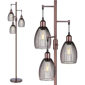 Dimmable Floor Lamp, 3 x 800LM LED Edison Bulbs Included, Elegant Teardrop Cage Design, Brown Stand for Living Room, Bedroom, Office & Dining Room