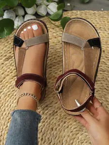 Women's Anti-Slip Wear-Resistant Colorblock Velcro Round Toe Chunky Heel Retro Style Casual Summer Sandals Footwear