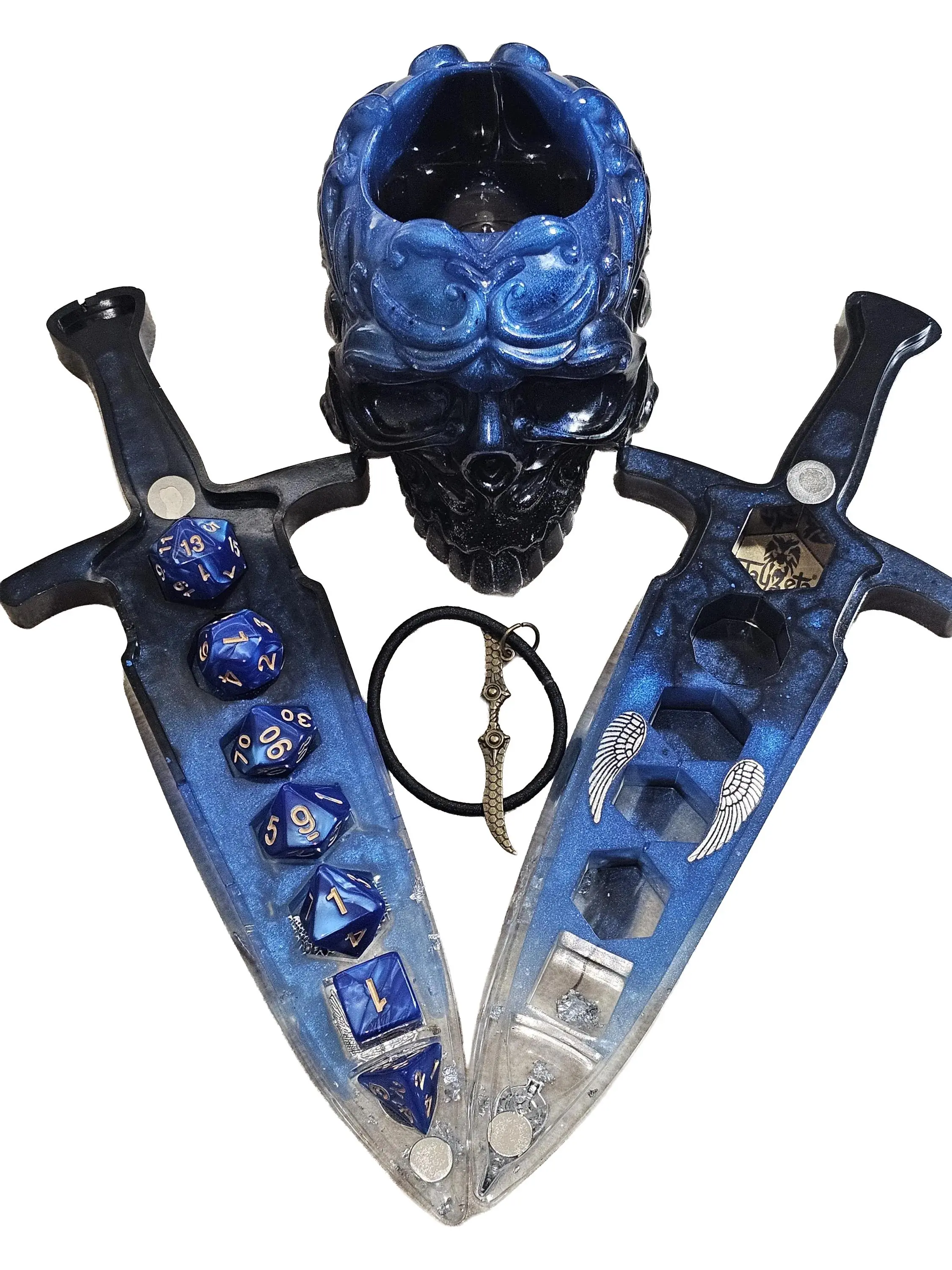 Handcrafted Dice Sword & Skull Cup Set, Polyhedral Dice, RPG Gaming