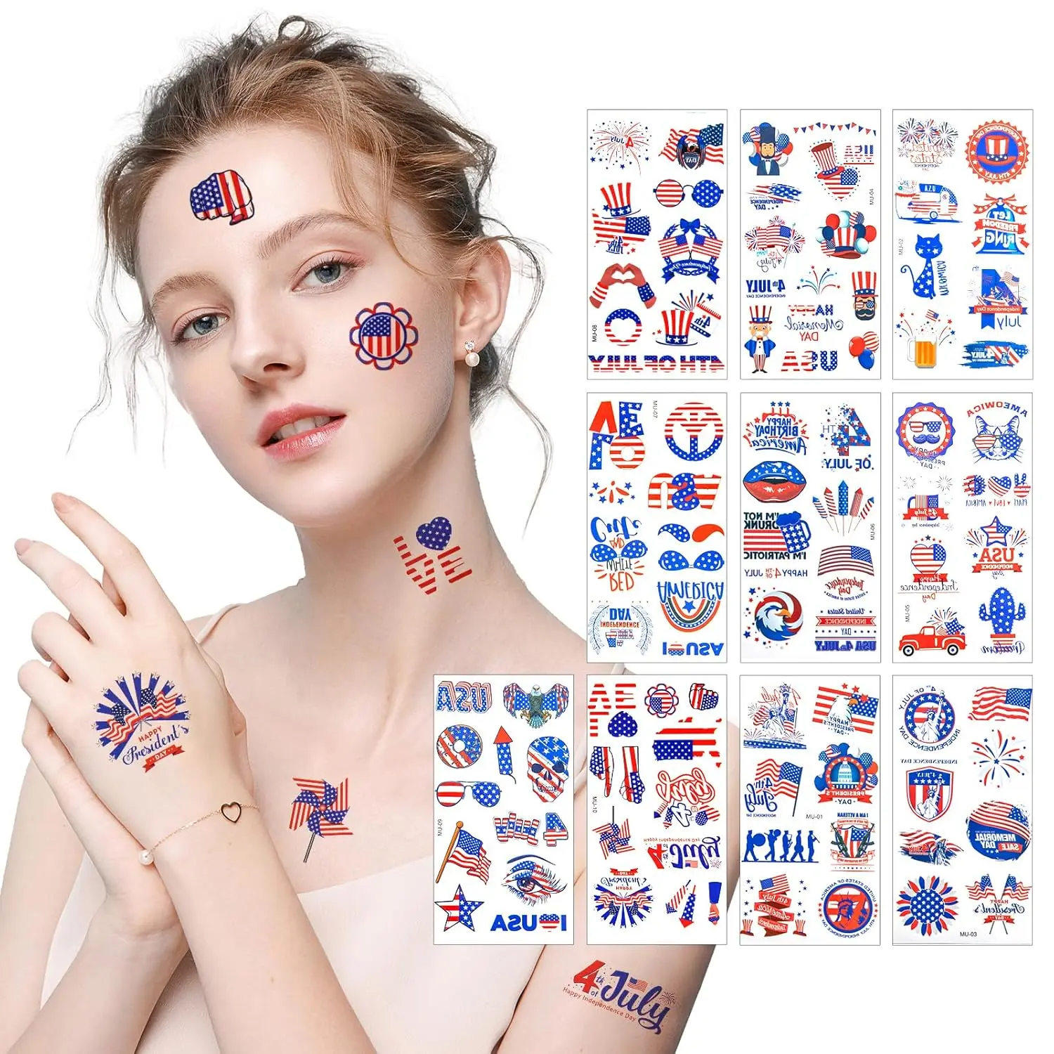 100PCS Patriotic Temporary Tattoos, American Flag Face Stickers for 4th of July, Independence Day, Memorial Day Party, 250th Anniversary US Pride Accessories, Memorial Independence Day