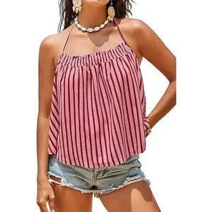 Tankaneo Womens Striped Halter Camisole Tank Tops Vacation Open Back Crop Tops Flowy Pleated Y2k Tshirts