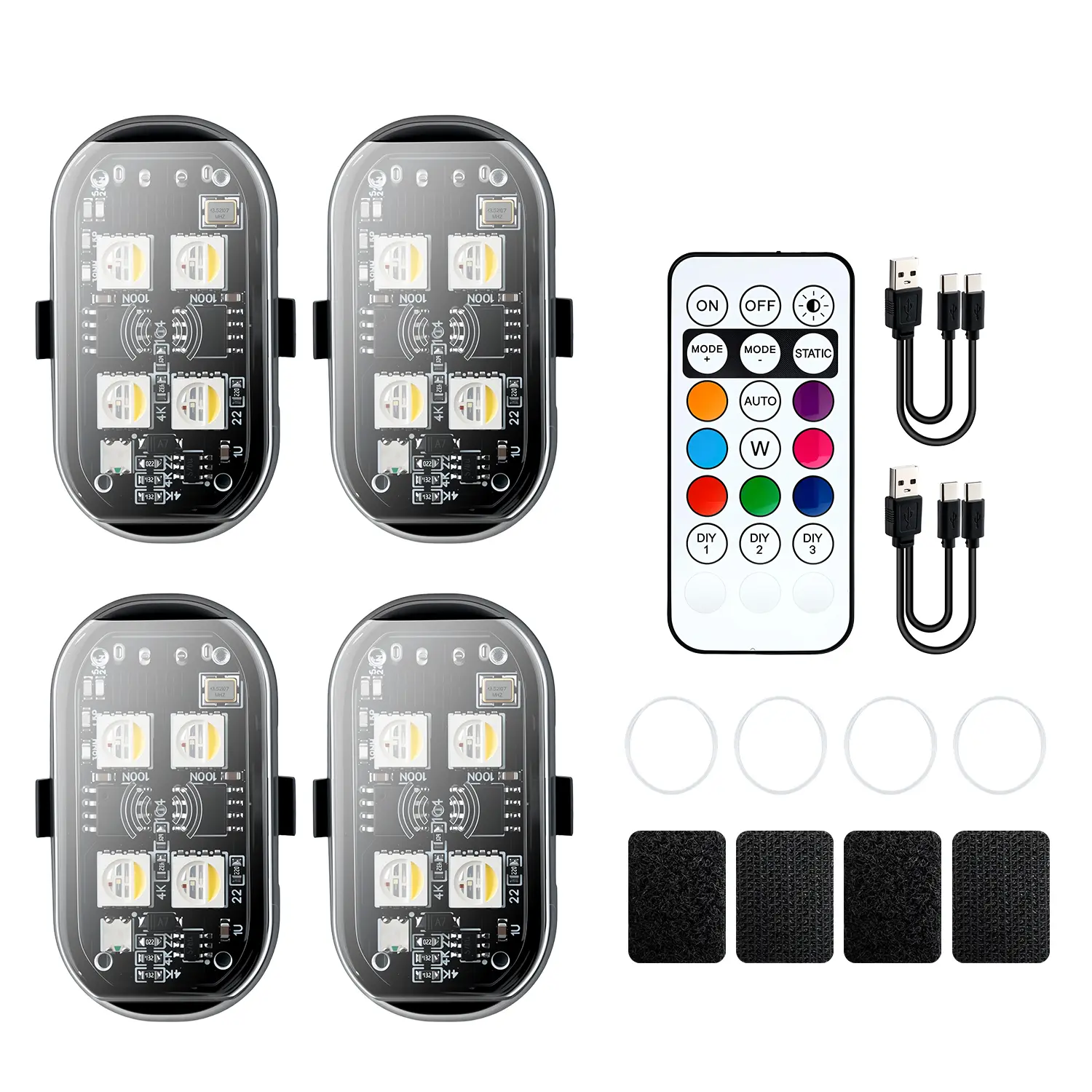 Mcbazel Upgrade 4PCS Small Wireless LED Strobe Lights - 4 Lamp Beads, Long-Lasting, 8-Color USB Waterproof Anti-Collision Warning Lights with Remote Control for Cars, Fishing, Hiking, Camping