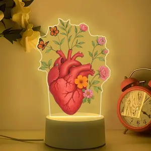 Acrylic Night Light USB Plug-In Warm Light, Heart Flower Butterfly Shadow, One-Button Control, Low Energy Durable, Bedroom Desk Decor