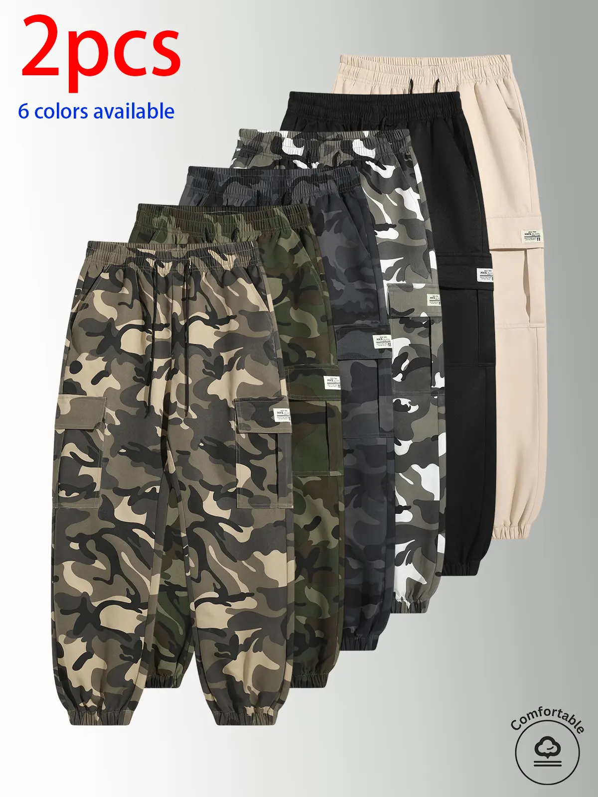 2-pack men’s long pants: camouflage cargo jogger pants with an elastic drawstring waistband and large side pockets; loose fit that doesn’t constrict the legs. Available in multiple colors; suitable for outdoor hiking and camping, everyday streetwear, shor
