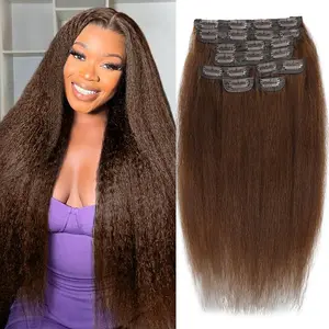Kinky Straight Hair Clip ins Hair Extensions Chocolate Brown Brazilian Virgin Human Hair Kinky Straight Clip in Hair Extensions Real Human Hair 8pcs 20 Clips 110g/Set