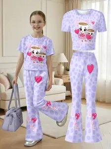 Ballerina Cappuccina Ballet Girl Heart Tee Set, Girls Short Sleeve Bell Bottoms, Cute Casual Summer Clothing