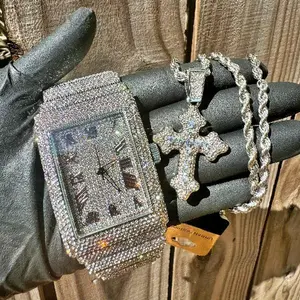 Men's Full Iced Bling Out Heavy Silver Hip Hop Luxury Watch - 24” Twisted Rope Religious Cross Pendant - Gift Set