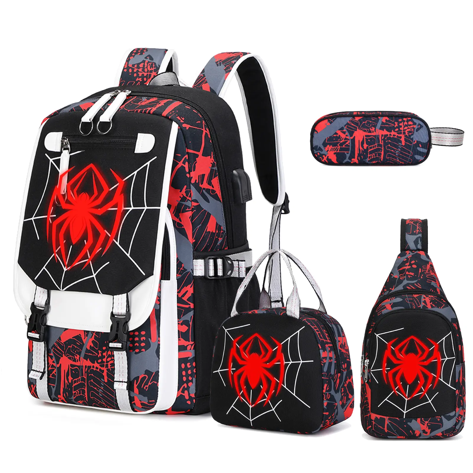 Similove 4PCS Backpack Set for Boys, Bookbag Glow In The Dark, Cool Luminous Boys Backpack with Lunch Bag & Pen Case, Sling Bag School Bags for Kids Children Teens Elementary Middle Schools,