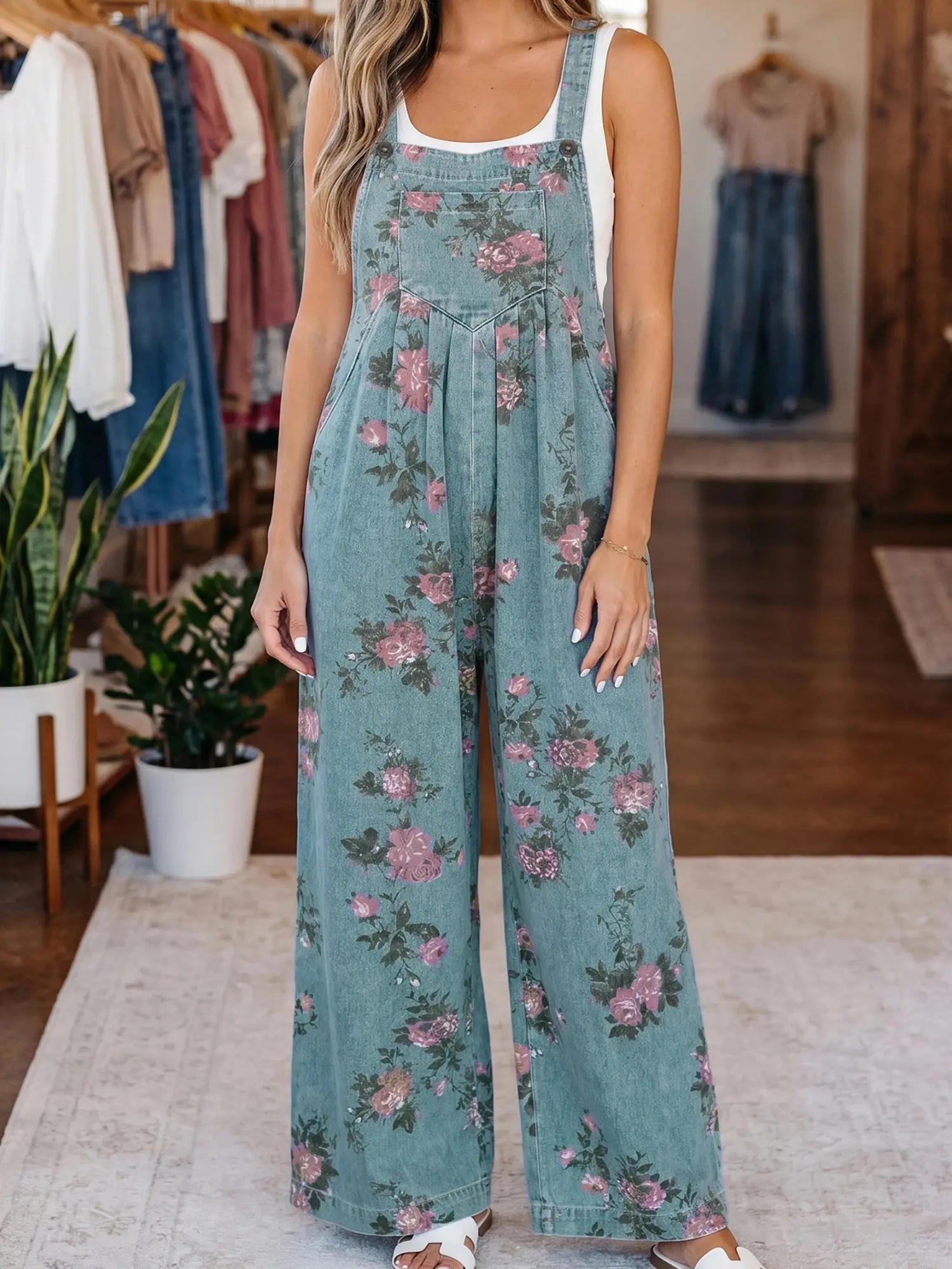 Women's Floral Print Wide Leg Denim Jumpsuit - Pleated High Waist One Piece Overall for Retro Aesthetic Streetwear