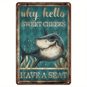 Shark Metal Painting Art Card Hello Sweetheart Please Sit Fun Wall Decoration T-Shirt Design For Home And Commercial Spaces