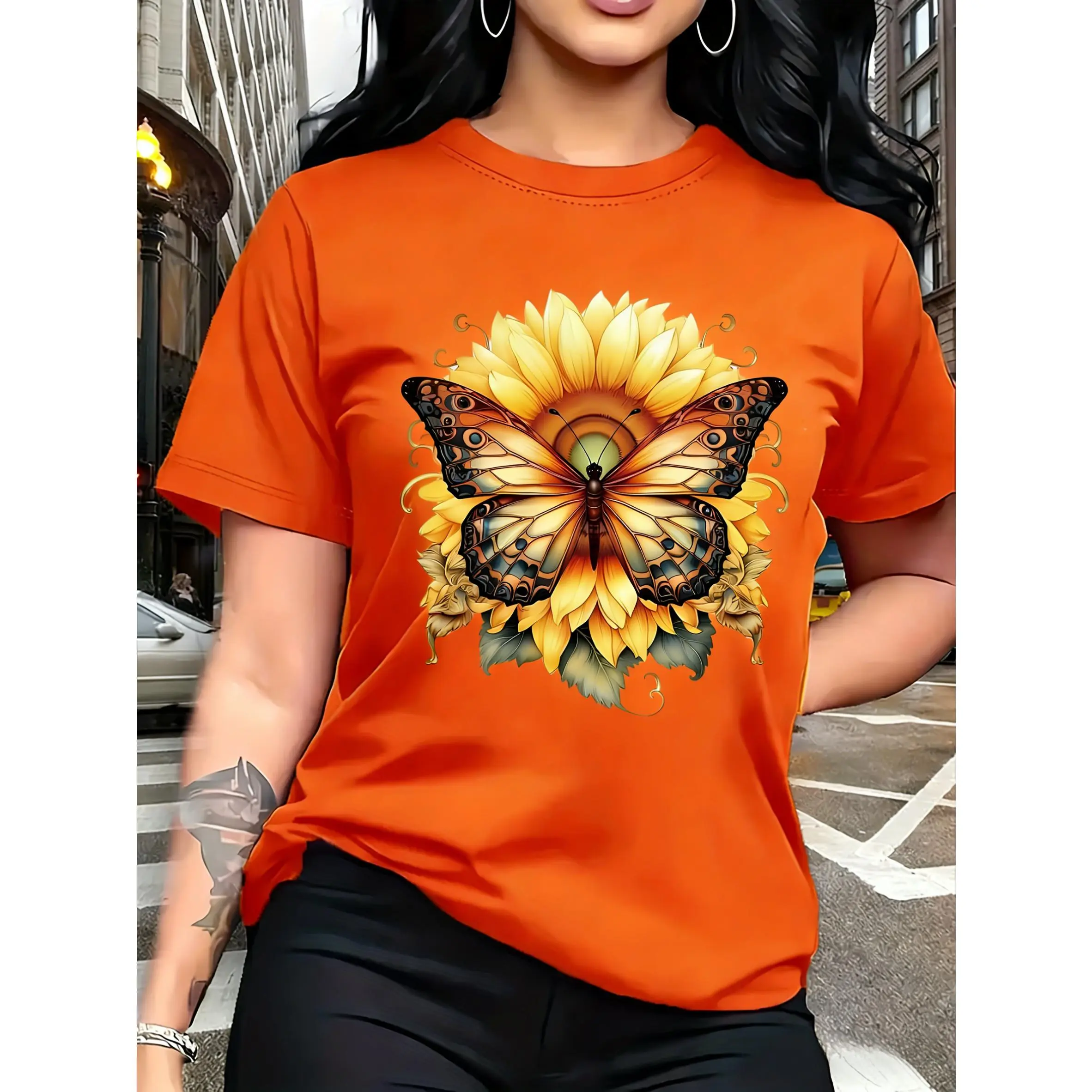 Women's 100% Pure Cotton Smooth Fabric Oversized T-Shirt - Short Sleeve Round Neck, Printed Butterfly & Flower Graphic, Multi-Color, Spring/Summer Casual Top, Ideal Birthday/Holiday Gift