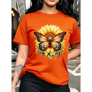 100% pure cotton, available in multiple colors, women's T-shirt with butterfly and flower print - short sleeve round neck casual top, suitable for spring and summer, ideal choice for birthday or holiday gifts, butterfly shirt