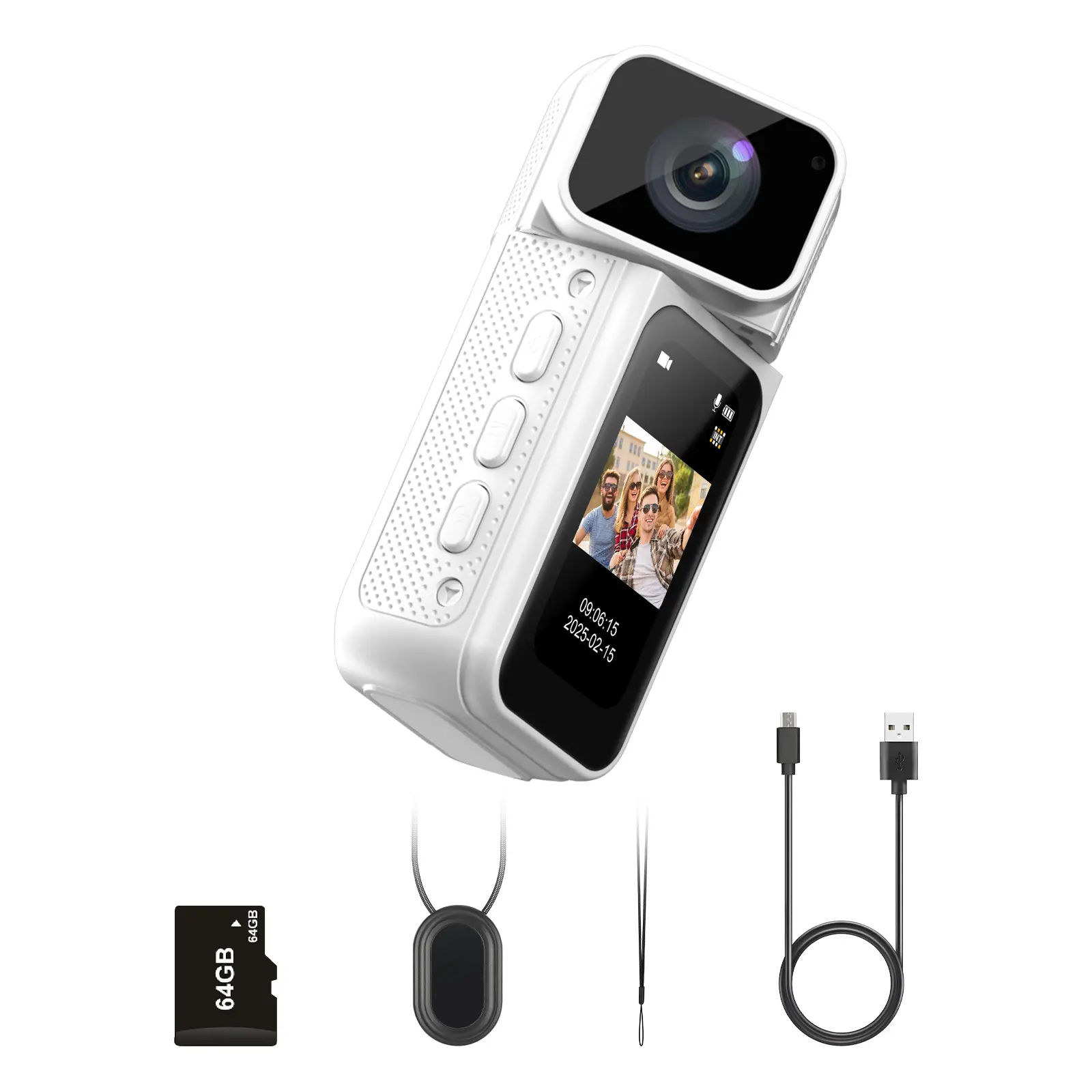 Mini Action Camera Thumb-Sized 1080P, Magnetic Mount Neck Camera with 180° Flip Lens, 64GB Memory Card & WiFi Included, Portable Wearable Camera for Travel Vlog Sports POV, Gift for Teens Adults Kids