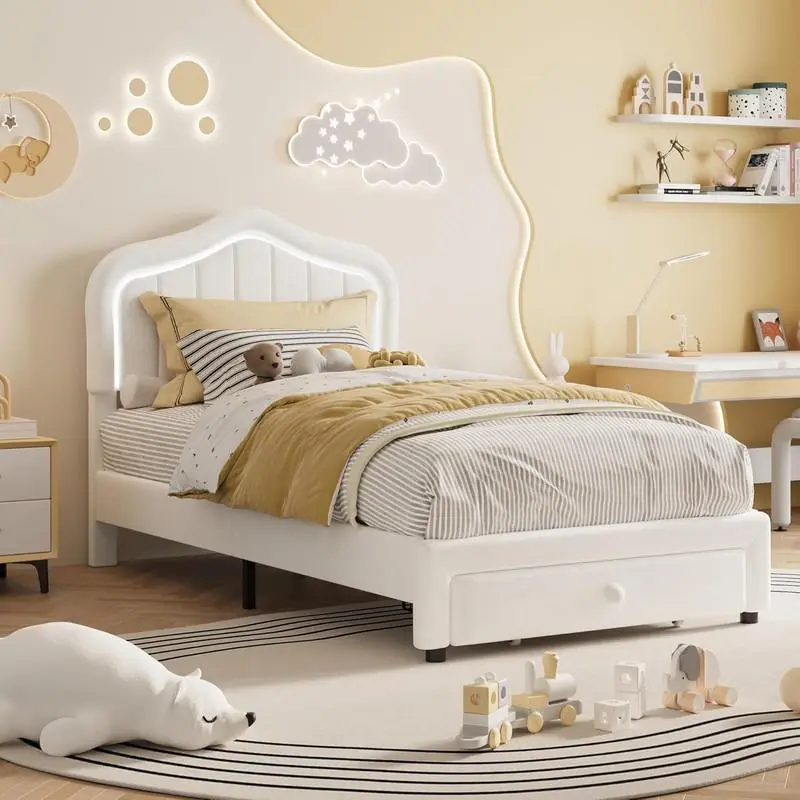White Sturdy Twin Upholstered Bed Frame - Velvet Bed with LED Lights, Headboard, Noise-Free Slats, Storage; No Box Spring Needed (for Kids/Teens), Sturdy Bed Frame