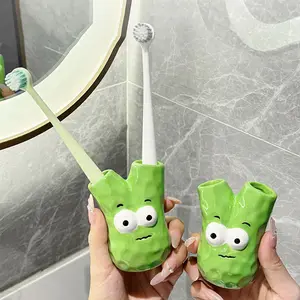 Multipurpose Ceramic Toothbrush Cup, Funny Design Home Storage Holder, 2-in-1 Toothbrush Holder & Storage Rack for Bathroom Organization
