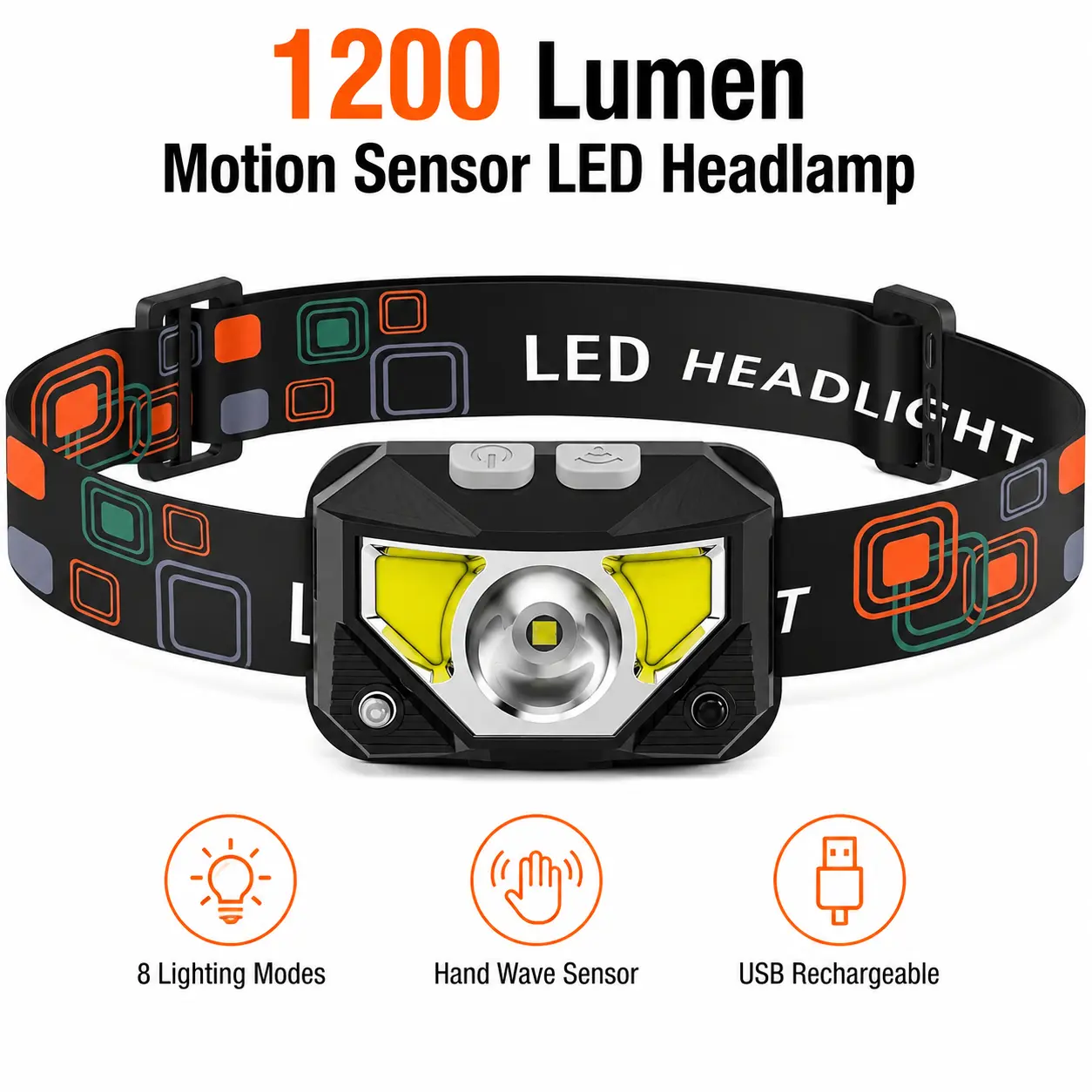 1200 Lumens Motion Sensor Headlamp - 8 Modes with Red SOS, 300M Beam, Rechargeable LED Work Light, Sweat-Absorbing Headband, Water-Resistant for Camping, Running, Hiking, Fishing, Auto Repair