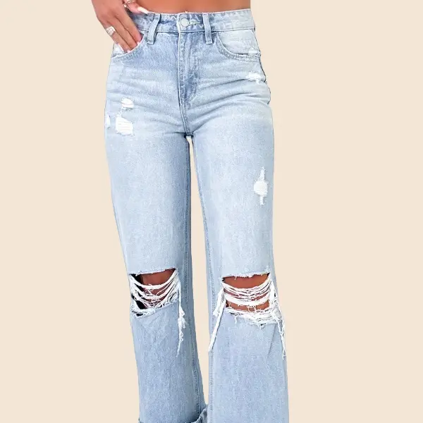 SHAPUM Beau Blue Light Wash Distressed Straight Jeans