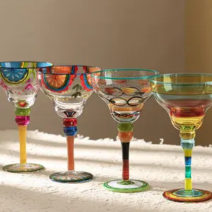 Hand-Drawn Bohemian High Footed Glass Cup, Margarita Colorful Glassware, Party Wine Glasses, Luxury Design, Ideal for Dining & Gifts, Home Decor Water Bottle