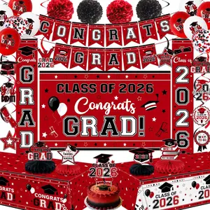 Graduation Decorations 2026 Red Class of 2026 Congrats Grad Backdrop Door Banner Tablecloth Balloons Cake Topper Honeycombs Swirls for Graduation and High School College Celebrations