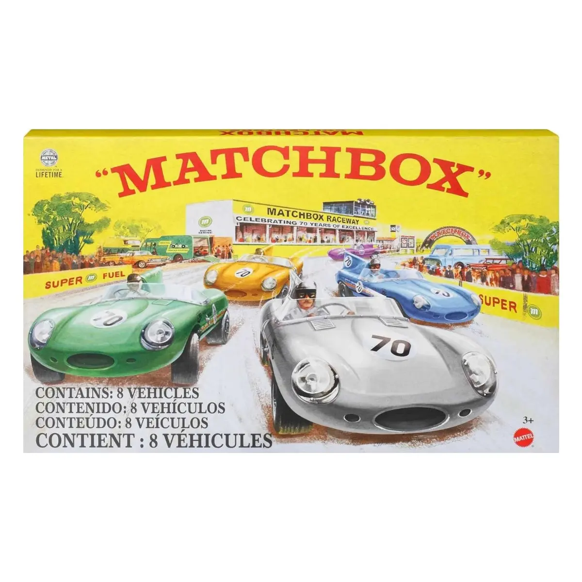 Matchbox 70th Anniversary Collector Bundle Set - 8 Die-Cast 1:64 Scale Metal Cars, Premium Decals, True Grip Tires, Exclusive Platinum Tone Finish, Display Ready, Eight Cars