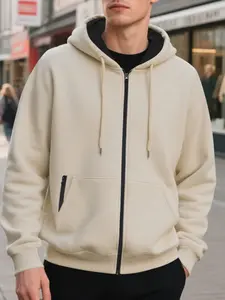 Men's solid color hoodie with drawstring and full zipper, large pockets for practicality, regular coat, Casual hoodie jacket, suitable daily travel, outdoor activities, leisure and social occasions in autumn and winter, warm and comfortable top